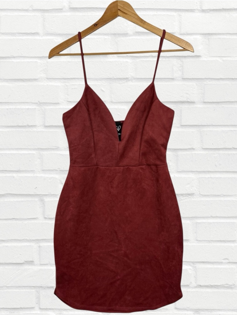 Windsor Faux Suede Deep Plunge V Neck Sleeveless Stretch Bodycon Mini Dress Rust